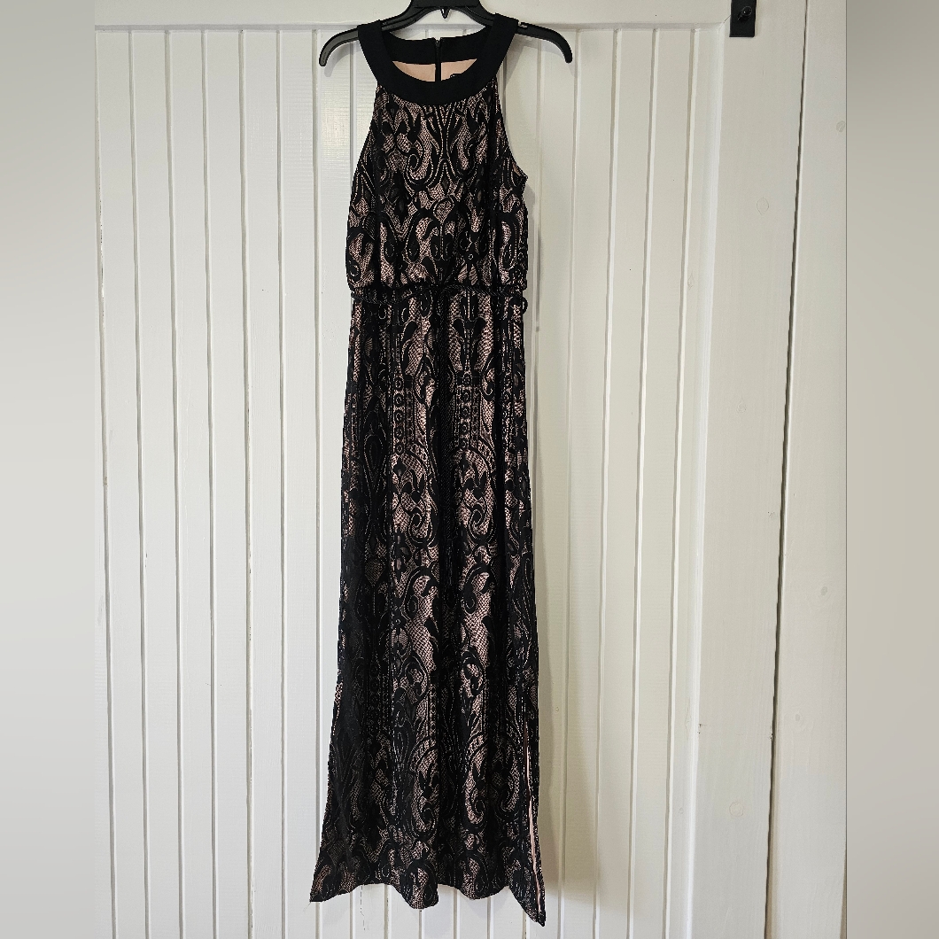 Nude Black Lace Mesh Long Evening Gown Size 6